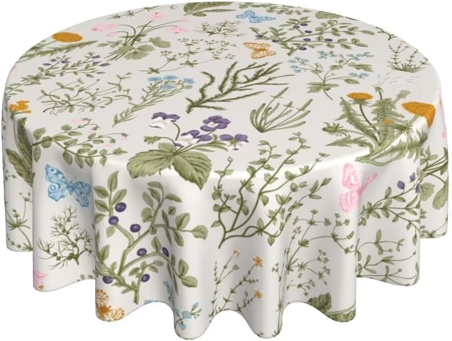 AEIOAE Mantel redondo de primavera de 70 x 70 pulgadas, mantel de acuarela con flores silvestres, lavable, vintage, hierbas florales, plantas,