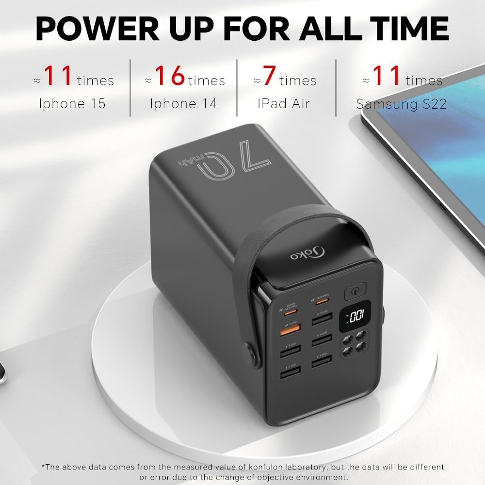 JOKO Banco de energía de 70000 mAh, alta capacidad, 20 W, PD 3.0, carga rápida, 22.5 W, máximo banco de energía grande, 7 salidas 2 entradas,