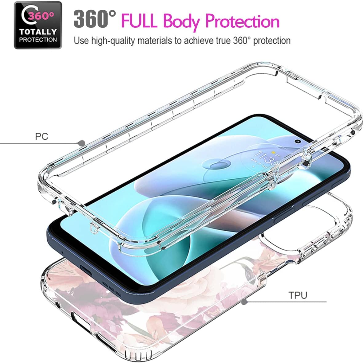Funda para Moto G31Moto G41 XT2167-1 con protector de pantalla de vidrio templado, cuerpo completo, transparente, flexible, con diseño floral,