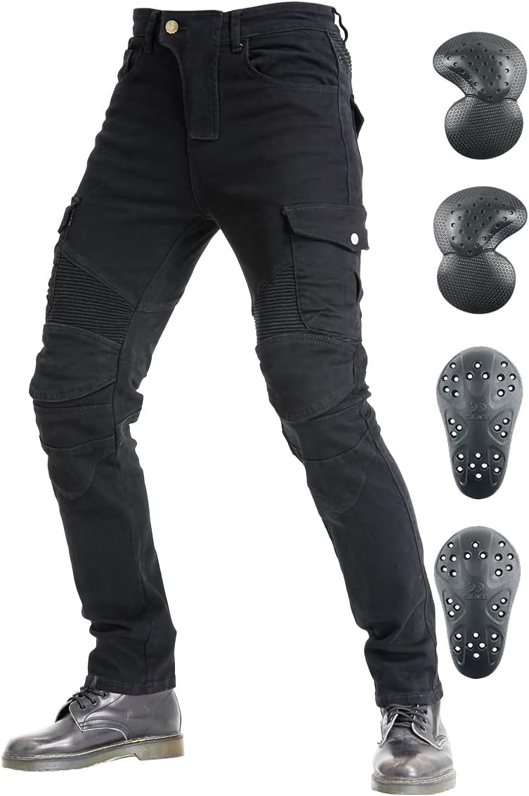 Pantalones de motociclista para hombre, pantalones de mezclilla, protectores con rodilleras y almohadillas de cadera VES6 (negro, XL  34)
