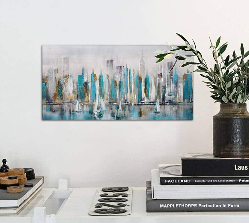 Pogusmavi Lienzo abstracto grande del río Manhattan para decoración de pared, diseño moderno de la ciudad de Nueva York, para sala de estar,
