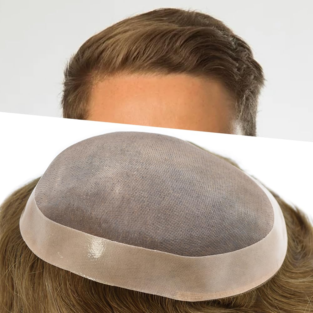 Pieza de cabello humano tipo tupé para hombre, repuesto de sistema de cabello humano fino mono, postizo para hombre, peluca duradera NPU para
