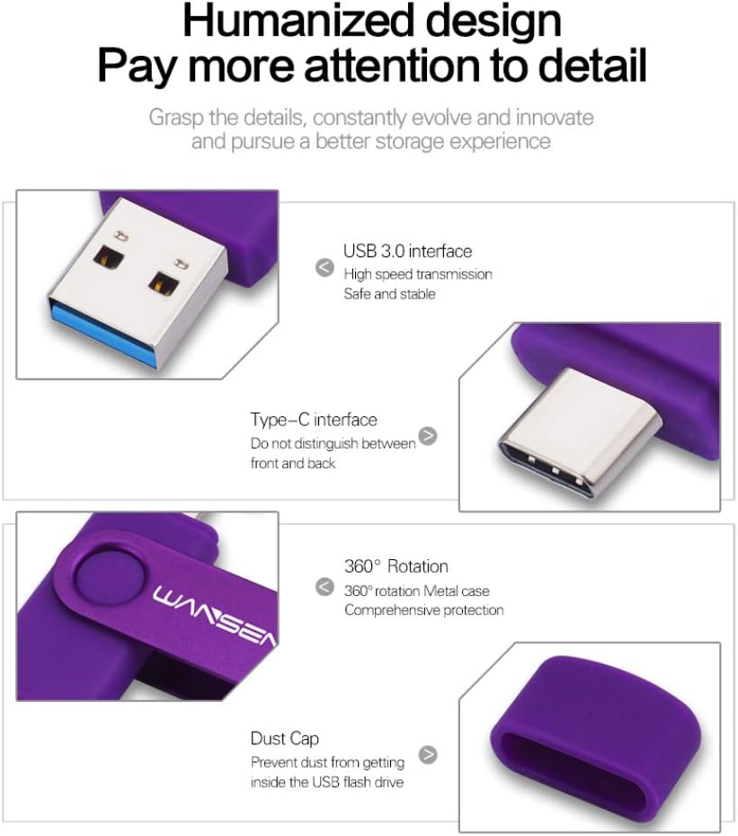 WANSENDA Unidad flash USB C de 128 GB, unidad USB 3.03.1 tipo C 2 en 1, memoria fotográfica para teléfonos Android, tableta, PCMac (128 GB, morado)