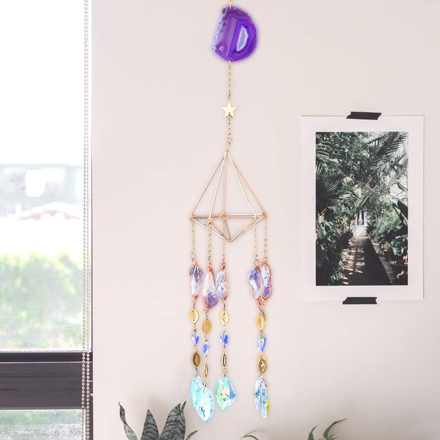 Atrapasoles para ventana interior  Decoración colgante de cristal de ágata en rodajas para ventana, colgante de cristal de amatista curativa, prisma