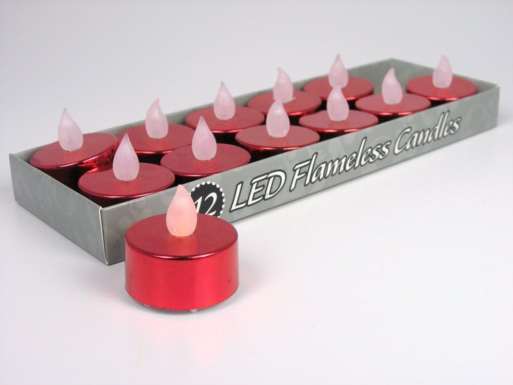 BANBERRY DESIGNS Velas de té LED rojas, juego de 12 velas de té rojas metálicas sin llama, funciona con pilas, decoración de mesa para bodas,