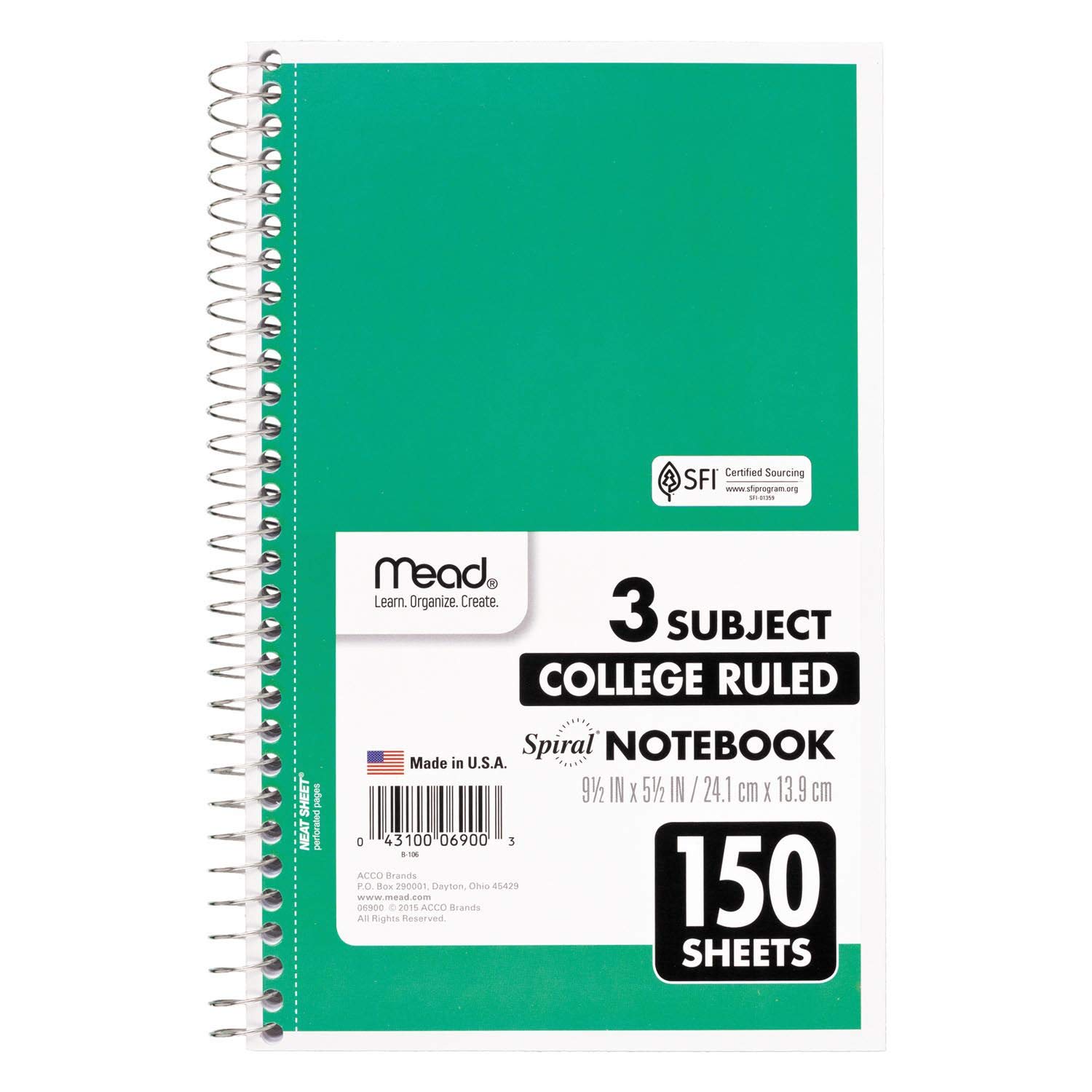 Mead Cuaderno de 3 materias con rayas universitarias, 9.5″ x 6″