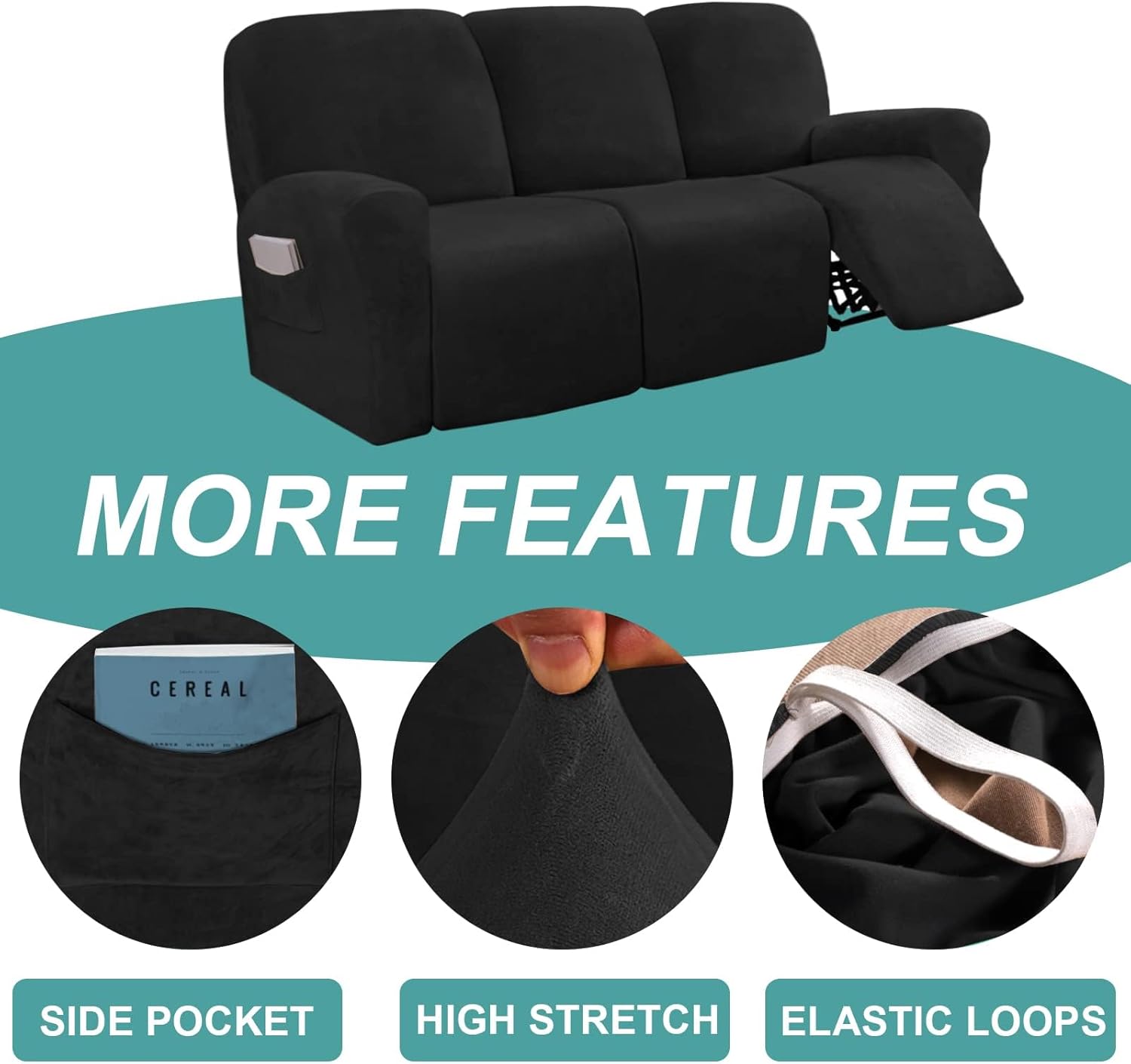 Fundas de terciopelo para sofá reclinable de 8 piezas de 3 plazas para sofá reclinable de 3 plazas, fundas elásticas para sofá reclinable, fundas
