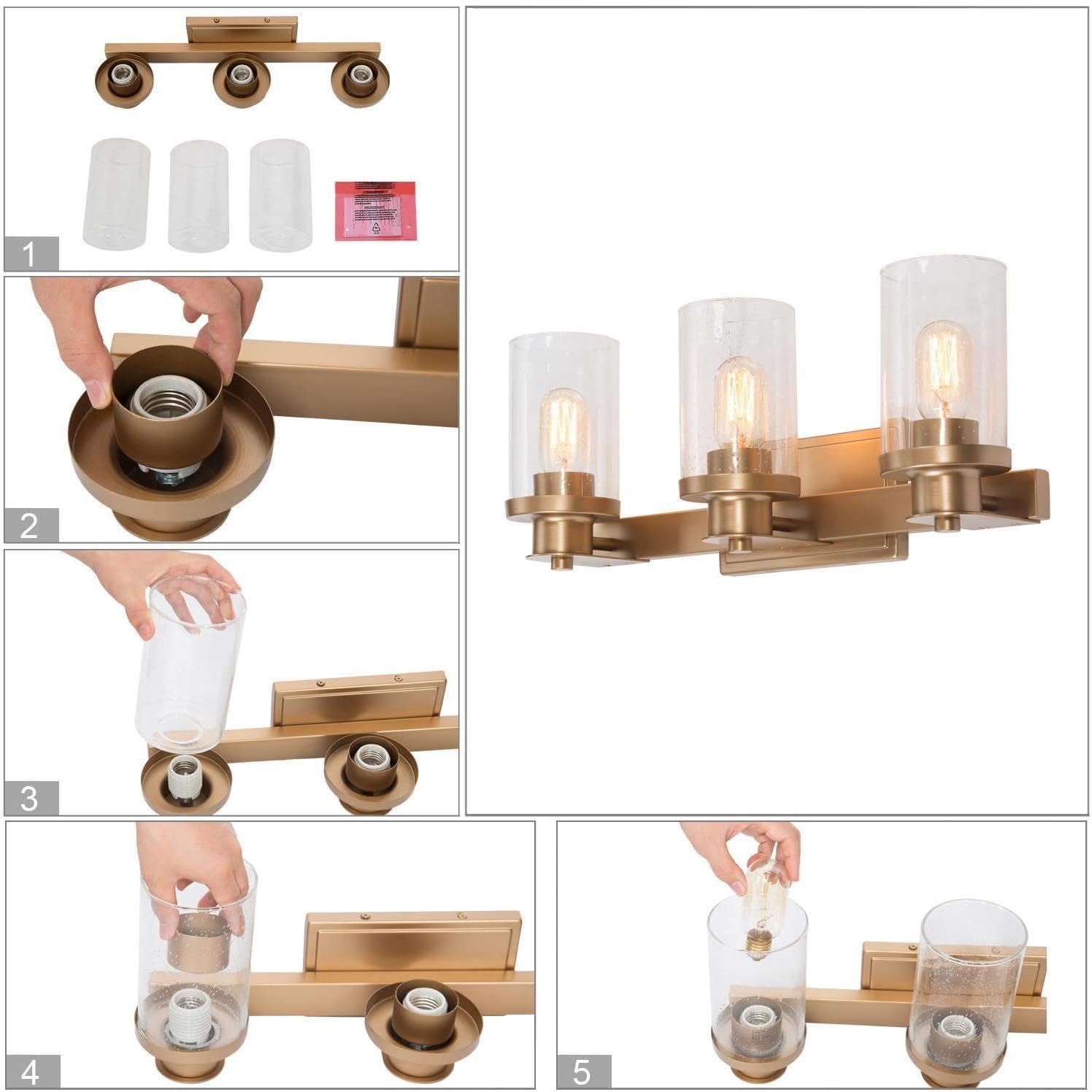 Lámparas de baño doradas, 3 luces de tocador para baño con pantalla de vidrio sembrado, modernas luces de tocador de baño de granja sobre espejo