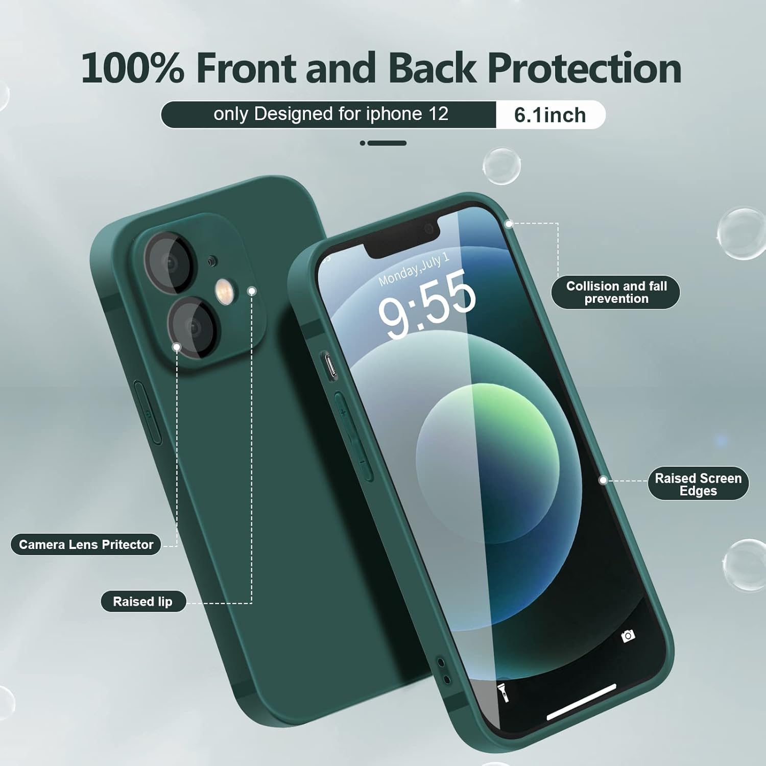 YZR Funda de silicona para iPhone 12 de 6.1 pulgadas, protección individual para cada lente, funda de silicona líquida con forro de microfibra