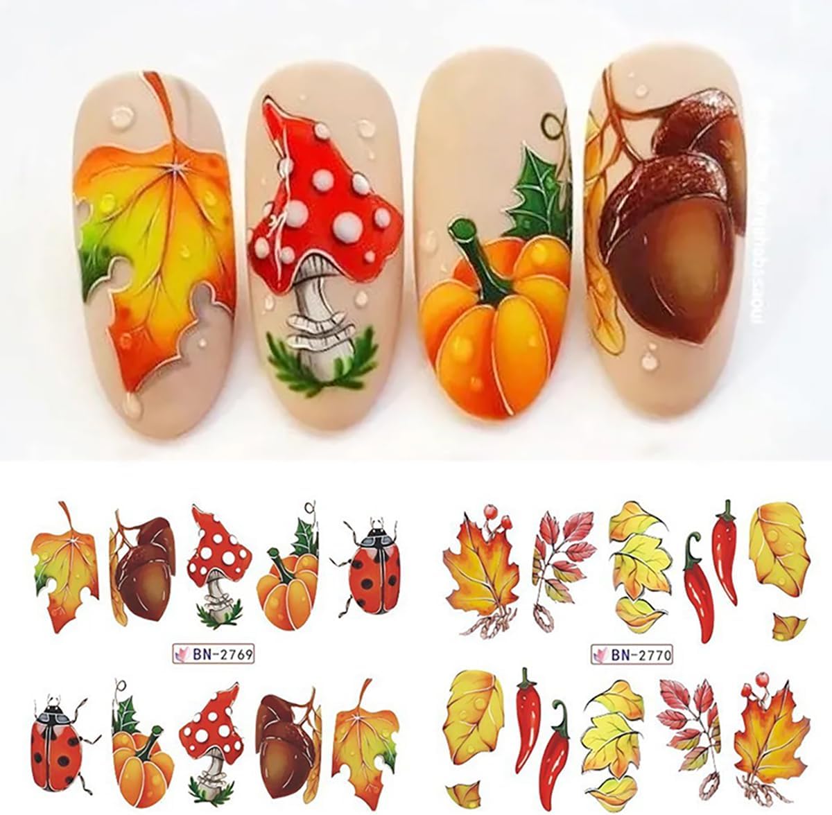 12 hojas de calcomanías de arte de uñas de otoño, hojas de arce, hojas de transferencia de agua, hojas de otoño, calabaza, piña, diseño de uñas,