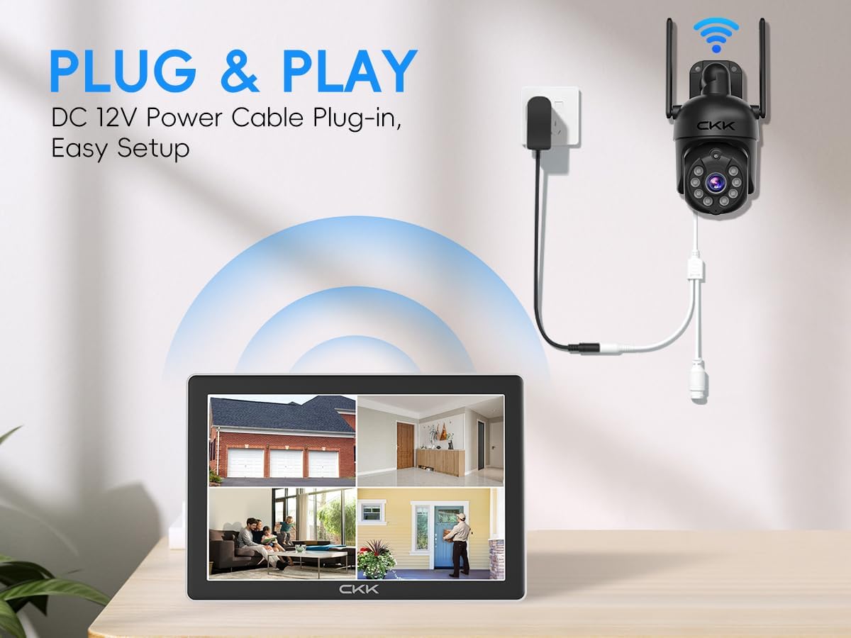 CKK Cámara de seguridad 2K con visión nocturna a color para exteriores, cámaras PTZ inalámbricas para detección humana con IA en el hogar y