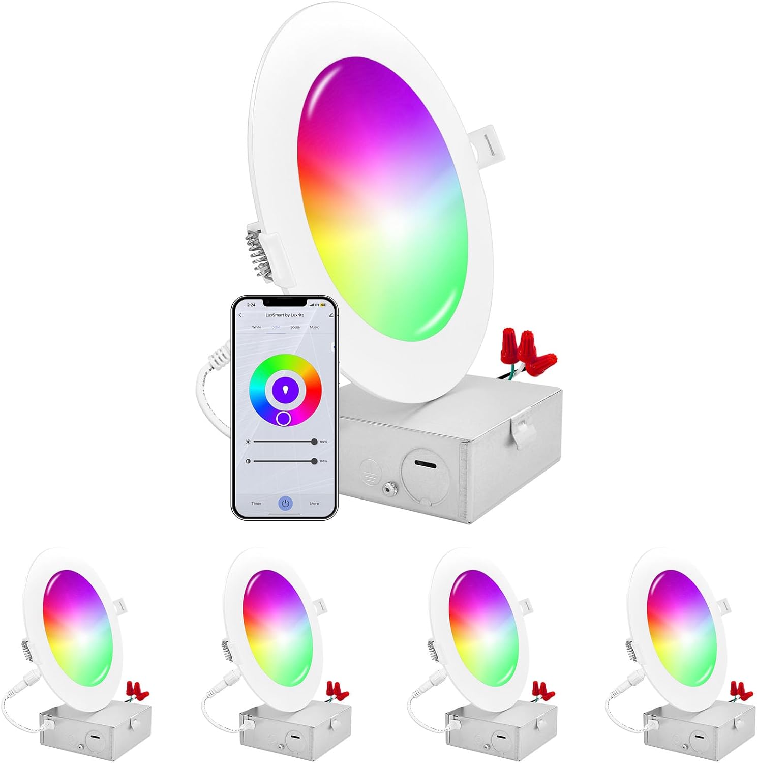 LUXRITE Iluminación empotrable LED inteligente de 6 pulgadas, cambio de color RGBW, aplicación WiFi y control de voz, compatible con Alexa y Google