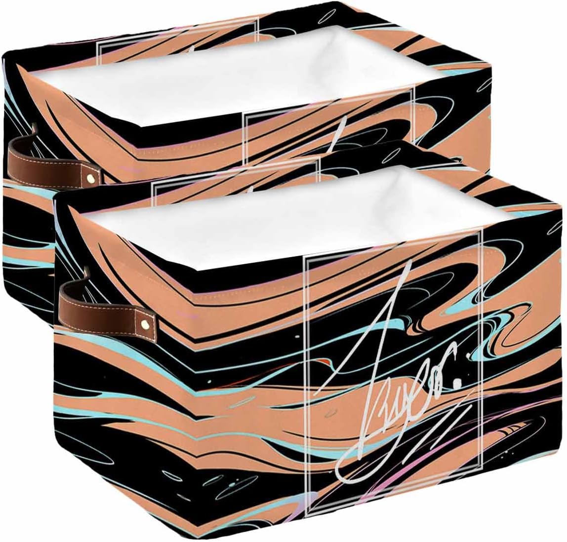 Cesta de almacenamiento de moire naranja y verde azulado para organizar estantes, cajas de almacenamiento plegables con asa, arte abstracto moderno