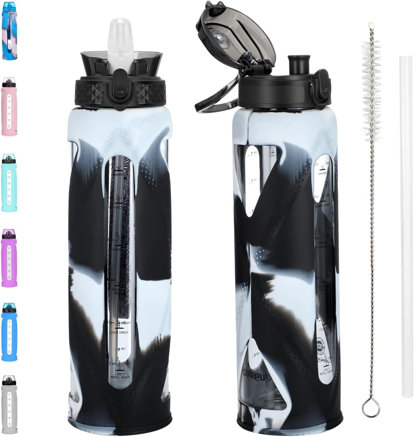 GOPPUS Botellas de agua de vidrio con popote y tapa abatible, botellas de agua motivacionales con recordatorio de marcador de tiempo y funda de