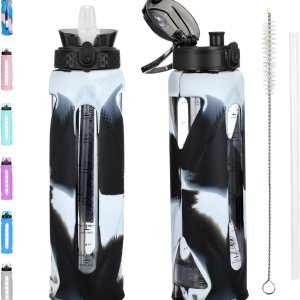GOPPUS Botellas de agua de vidrio con popote y tapa abatible, botellas de agua motivacionales con recordatorio de marcador de tiempo y funda de GOPPUS Botellas de agua de vidrio con popote y tapa abatible, botellas de agua motivacionales con recordatorio de marcador de tiempo y funda de