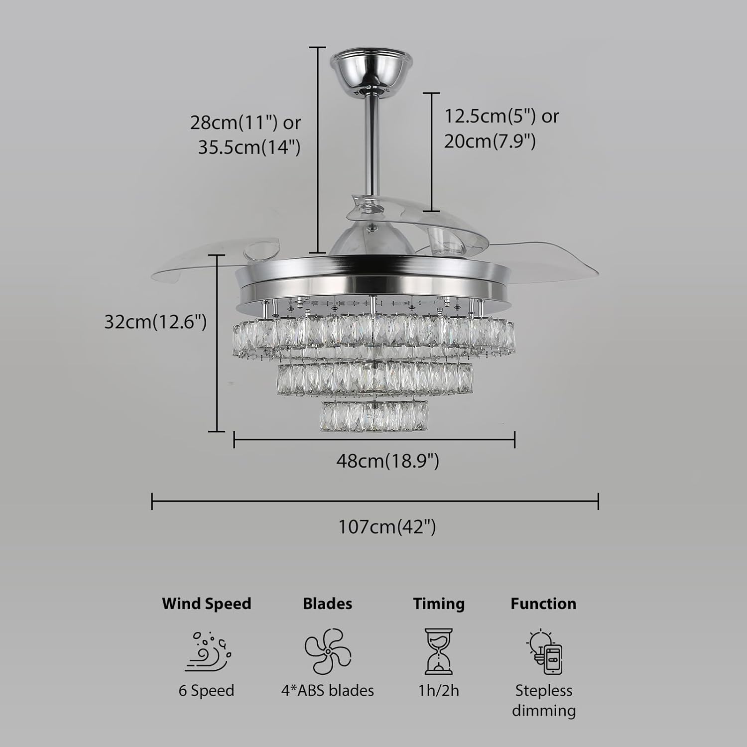 Jenvkoil Ventilador de techo de 42 pulgadas con luces con control remoto regulable de cristal para candelabro, aspas retráctiles, ventiladores de