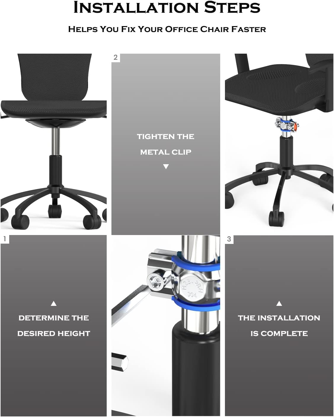 UIInosoo – Silla de oficina fija para hundirse, silla mejorada de acero inoxidable 304 con llave hexagonal, kit de ahorro de silla de altura