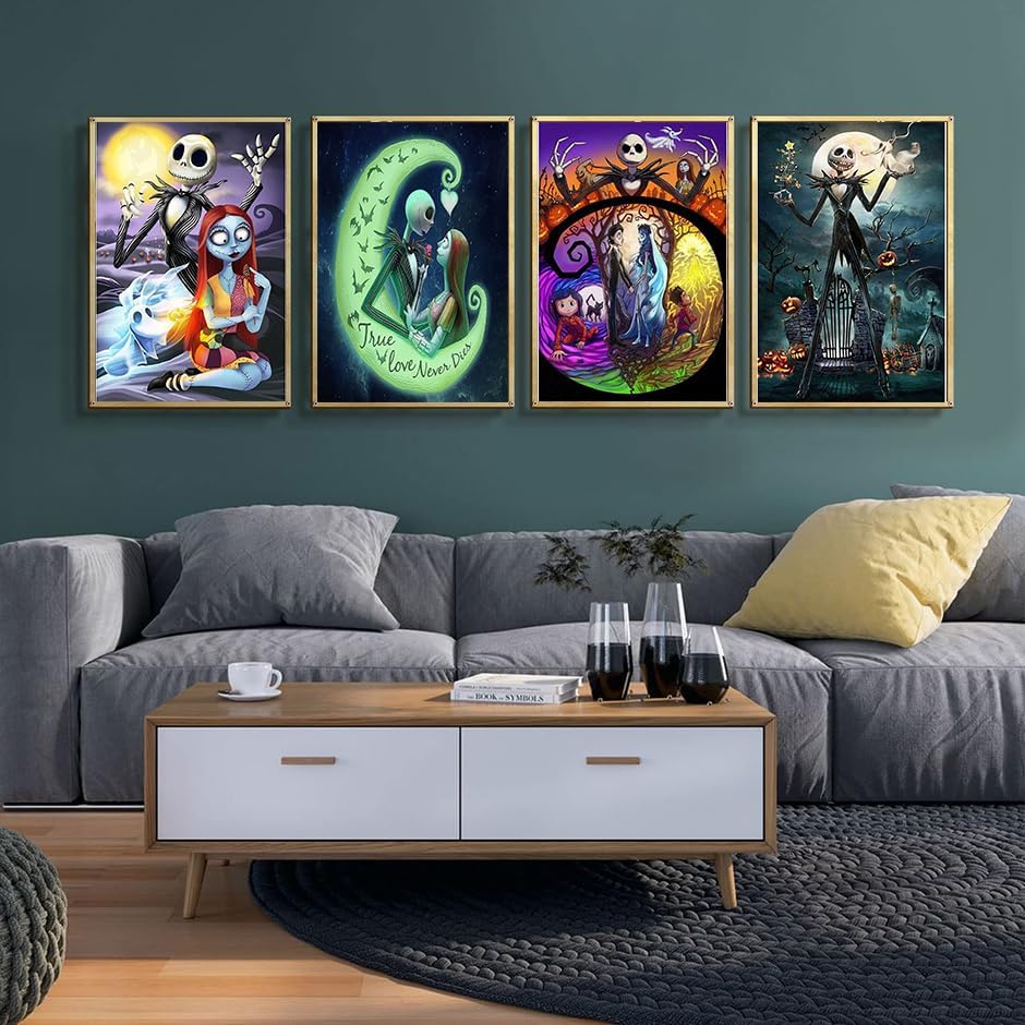 GemZono Paquete de 4 kits de pintura de diamantes para adultos y niños, bricolaje 5D Jack&Sally de Halloween con diamantes redondos, kit de pintura