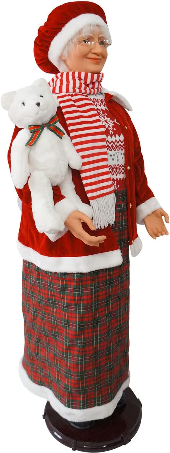 Fraser Hill Farm Decoración de Sra. Claus bailarina de 58 pulgadas con oso de peluche, decoración animada para interiores para el hogar,
