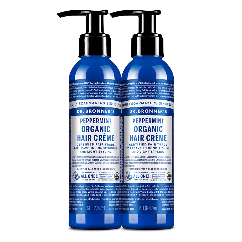 Dr. Bronner’s – Crema orgánica para el cabello (menta, 6 onzas, paquete de 2) – Acondicionador sin enjuague y crema de peinado, hecha con aceites