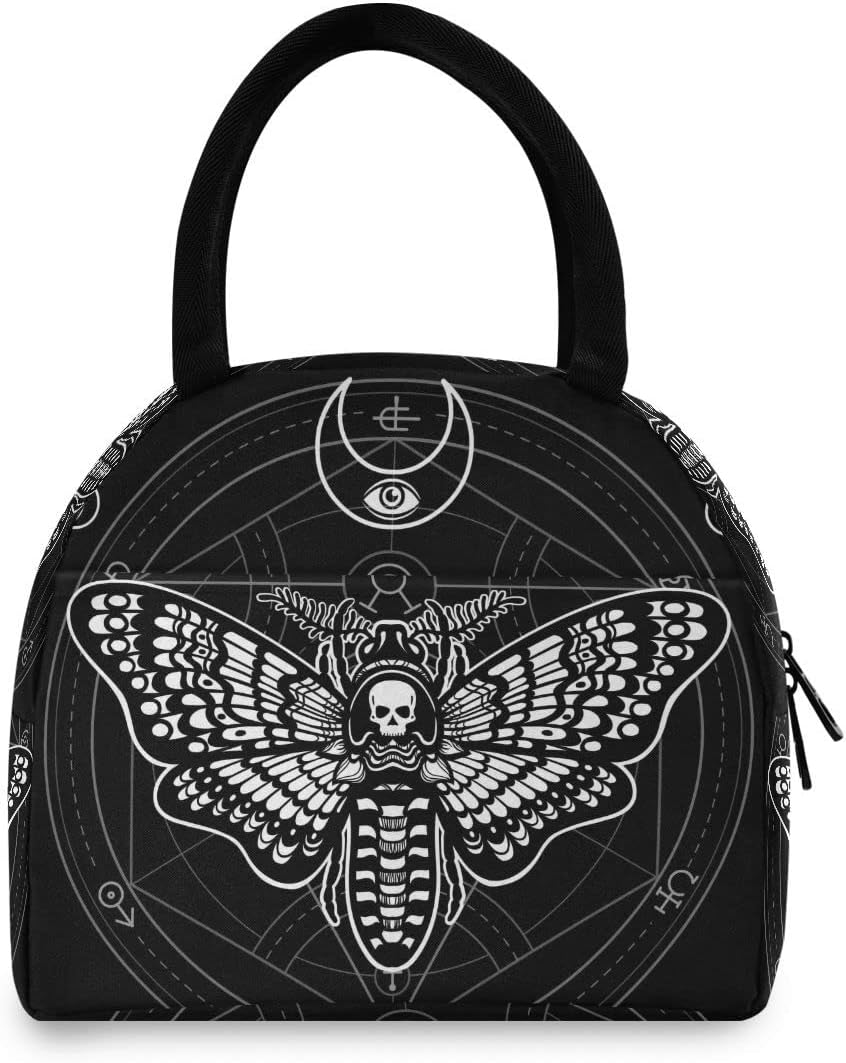 MNSRUU Bolsa de almuerzo para mujeres y hombres, bolsa de almuerzo térmica reutilizable con diseño de polilla de calavera negra, bolsa enfriadora