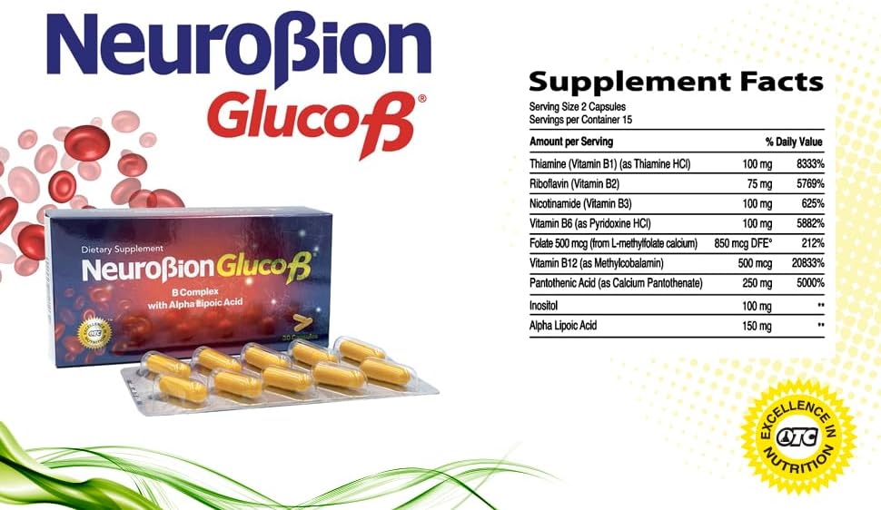 Neurobion Gluco B con Acido Alfa Lipoico Suplemento Dietético Complejo B con Ácido Alfa Lipoico, Complejo B 30 Cápsulas