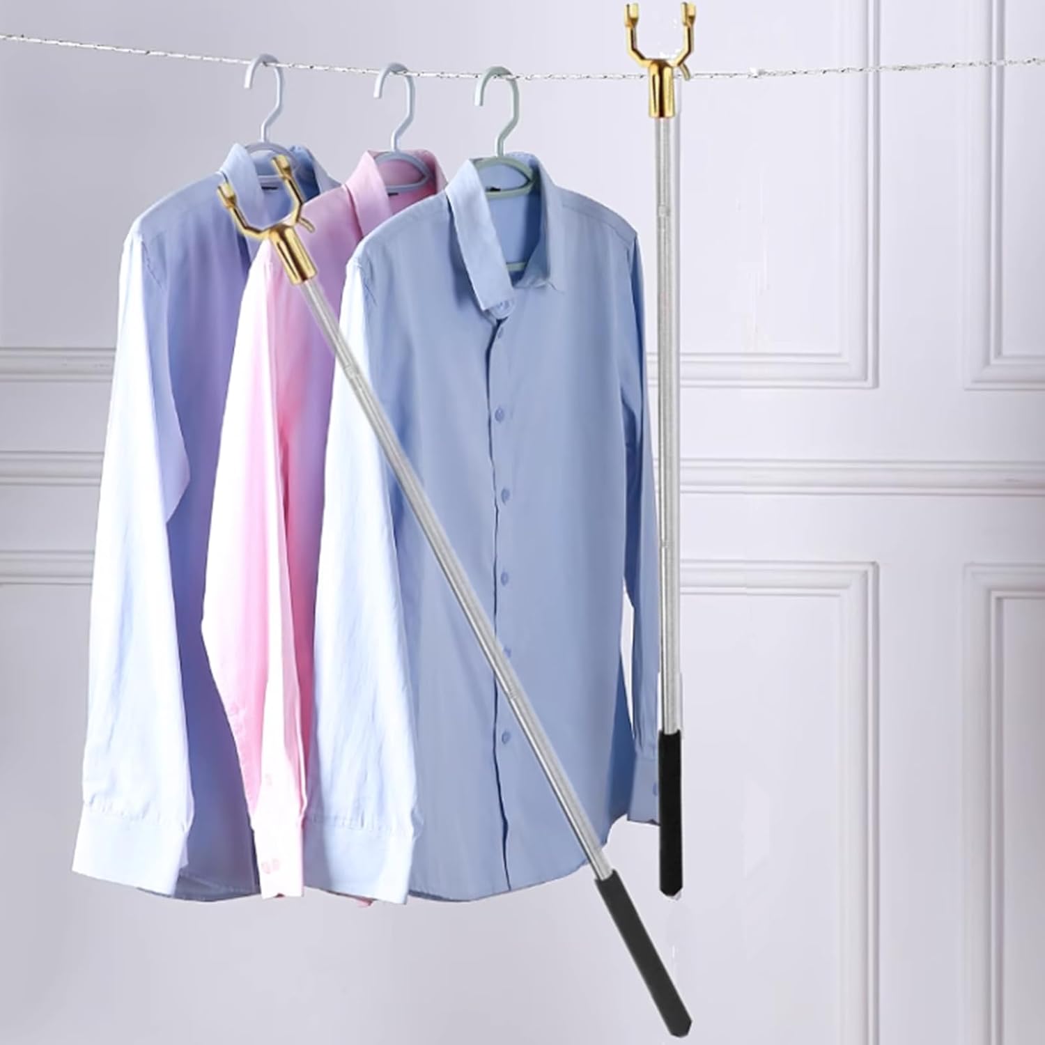 Varilla de gancho ajustable extendida de 59 pulgadas con práctico gancho para percha, gancho de ropa de brazo alto, barra de apertura de ventana,
