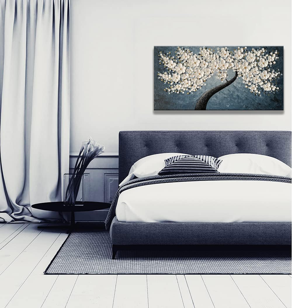 zoinart 3D Floral Oil Paintings on Canvas Wall Art 40×20 Inches Abstract White Flower Modern Canvas Wall Art Contemporary Tree Art Texture Artwork
