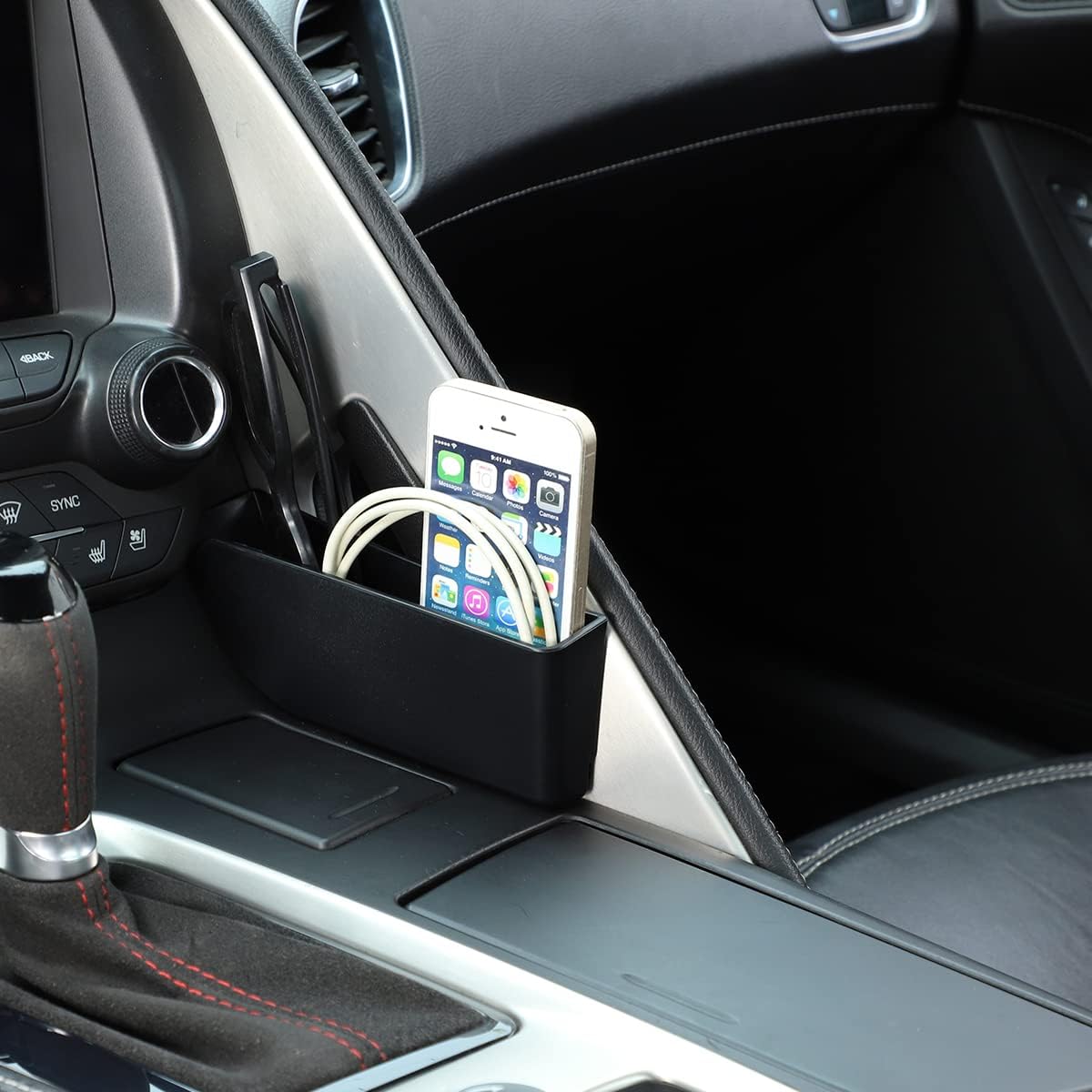 Caja de almacenamiento lateral con panel de palanca de cambios de control, compatible con Corvette C7 Stingray 2014-2019 ABS negro, 1 unidad,