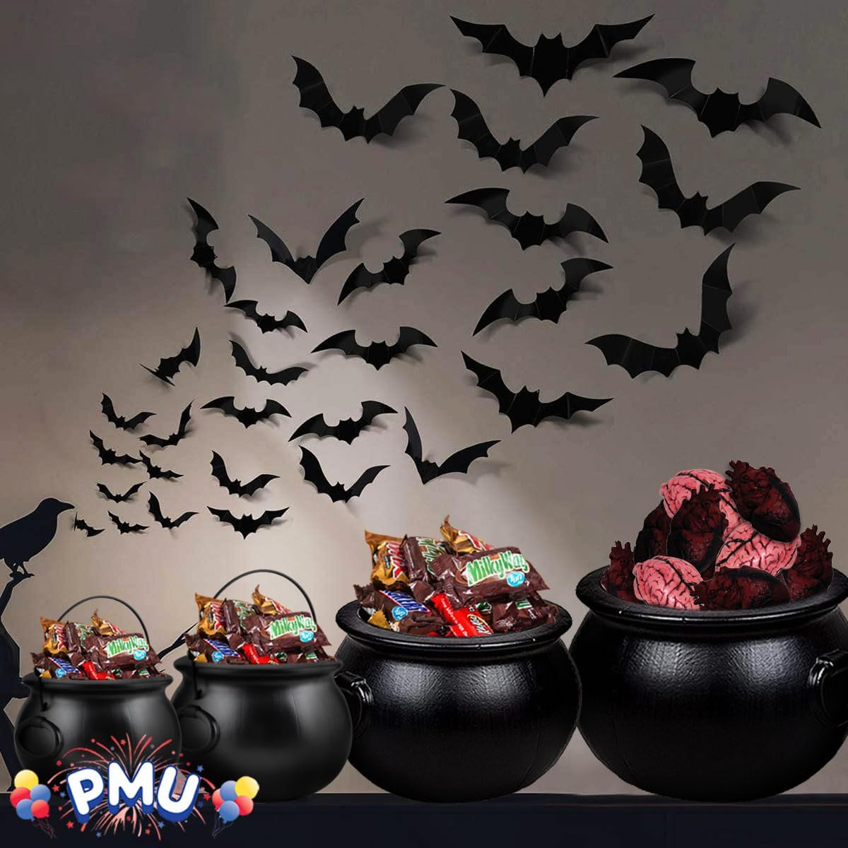 PMU Caldero de Halloween  Paquete múltiple de 4 piezas surtido de plástico para dulces para niños  Recuerdos y suministros de fiesta de Halloween