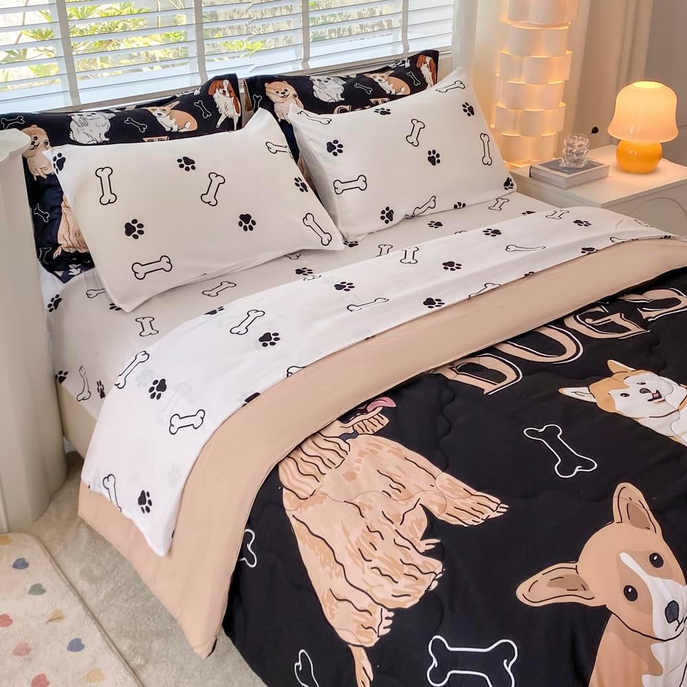 Wajade Juego de edredón de perro para niños, cama tamaño individual en una bolsa para niñas y niños, 7 piezas con estampado de cachorros de