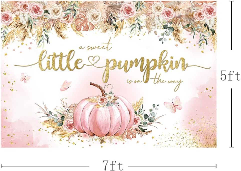 MEHOFOND Telón de fondo bohemio de calabaza de otoño de 7 x 5 pies para niñas, diseño floral rosa con texto en inglés “A Sweet Little Pumpkin Is On