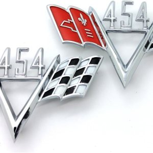 2 calcomanías universales para Chevy 454 de 1960-1970 con bandera cruzada para guardabarros, estilo emblema 3D, repuesto para Impala, Chevelle, 2 calcomanías universales para Chevy 454 de 1960-1970 con bandera cruzada para guardabarros, estilo emblema 3D, repuesto para Impala, Chevelle,