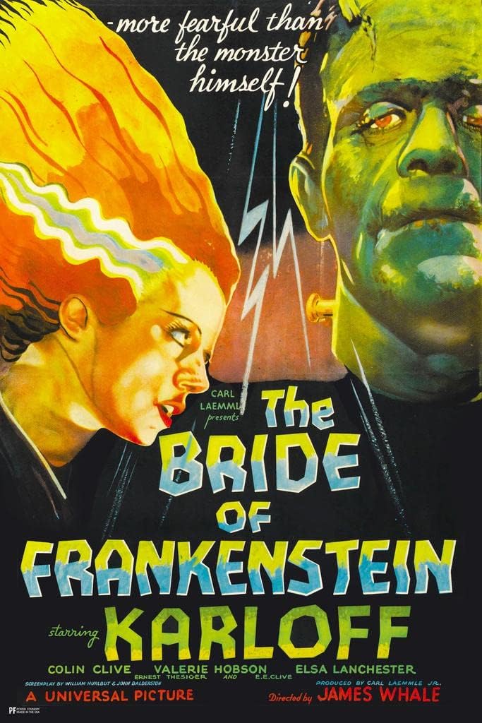 Póster de película de terror retro vintage de la novia de Frankenstein, Boris Karloff, Elsa Lanchester, película de terror, mercancía de terror,