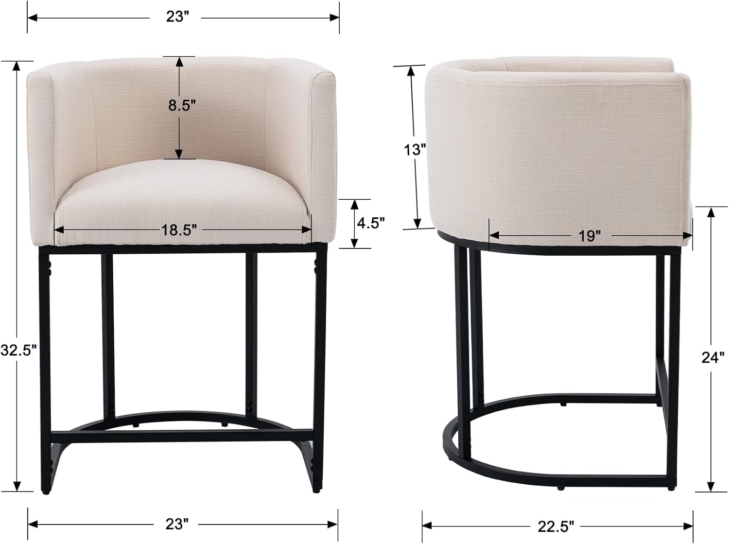 Juego de 2 taburetes de bar tapizados de lino de altura de mostrador, taburetes de cocina de 24 pulgadas, sillas de bar con marco de metal negro