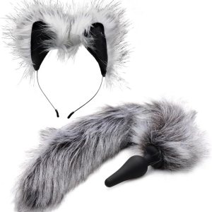 Juego de tapones y orejas anales de cola de lobo gris Juego de tapones y orejas anales de cola de lobo gris