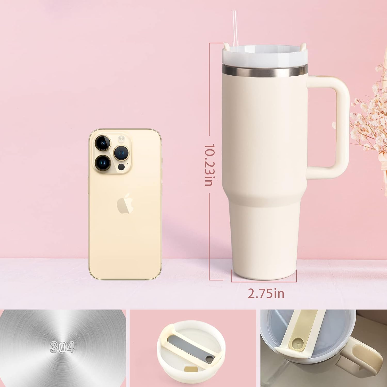 Tumbler With Handle 40 oz and Straw Lid,304 Stainless Steel Water Bottle, Travel Mug Insulated Tumblers Iced for Tea Coffee Gift, large capacity car