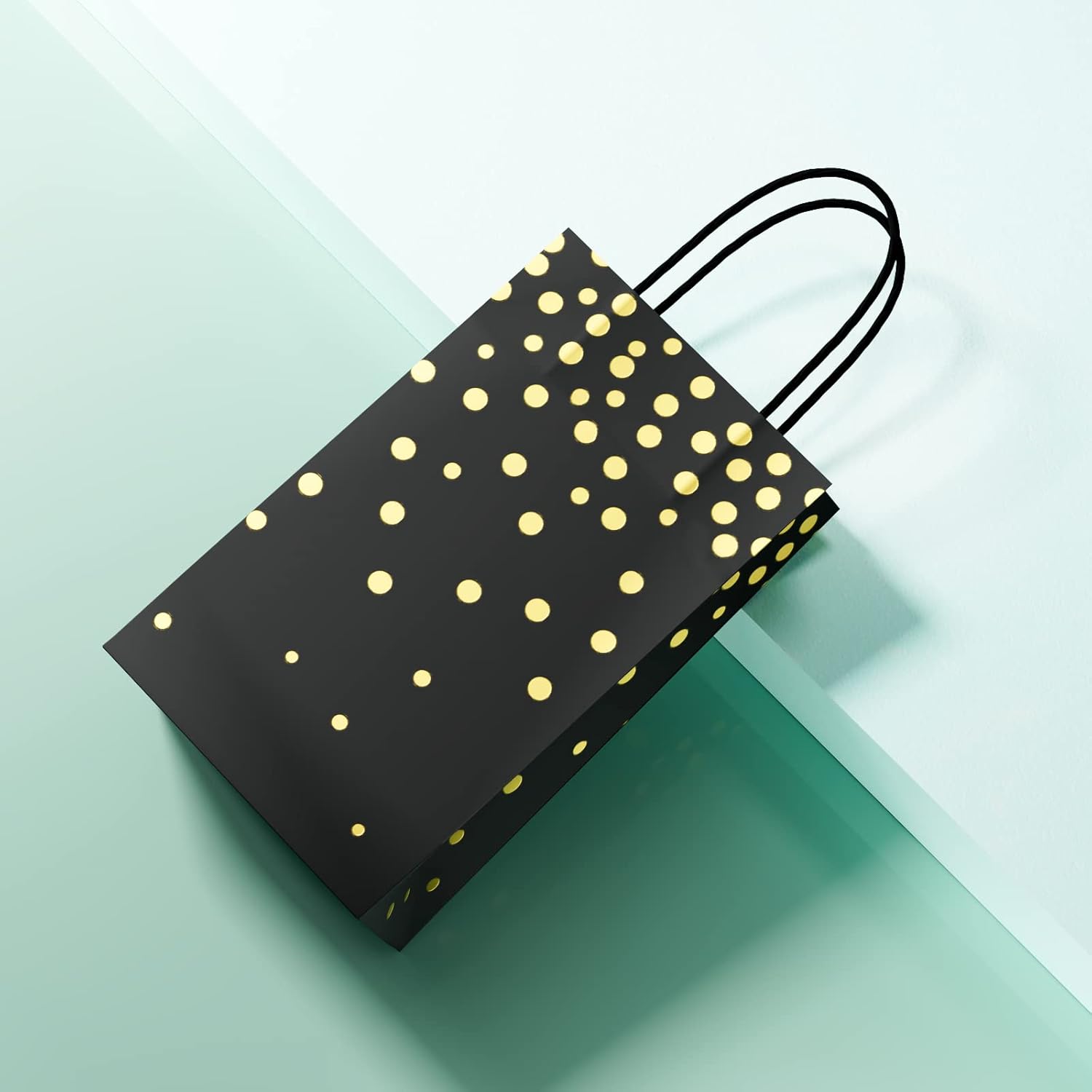 ECOHOLA Bolsas de regalo de papel de aluminio negro y dorado con asas negras, 25 piezas de lunares metálicos dorados para regalos, minoristas,