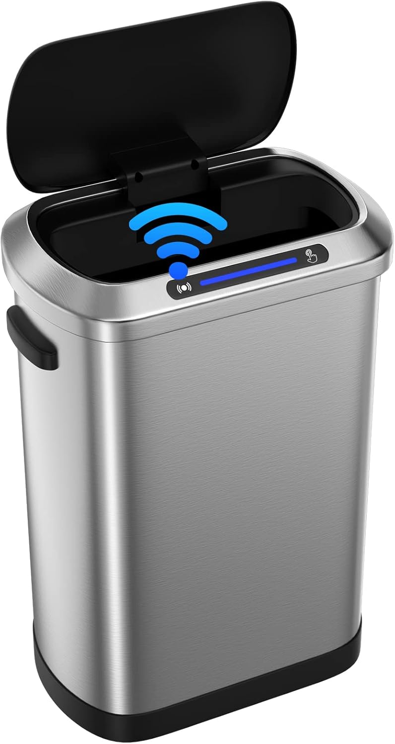 Bote de basura automático inteligente de 13 galones de 50 litros con tapa, cuerpo grueso de acero inoxidable y tapa de sensor sin tacto súper