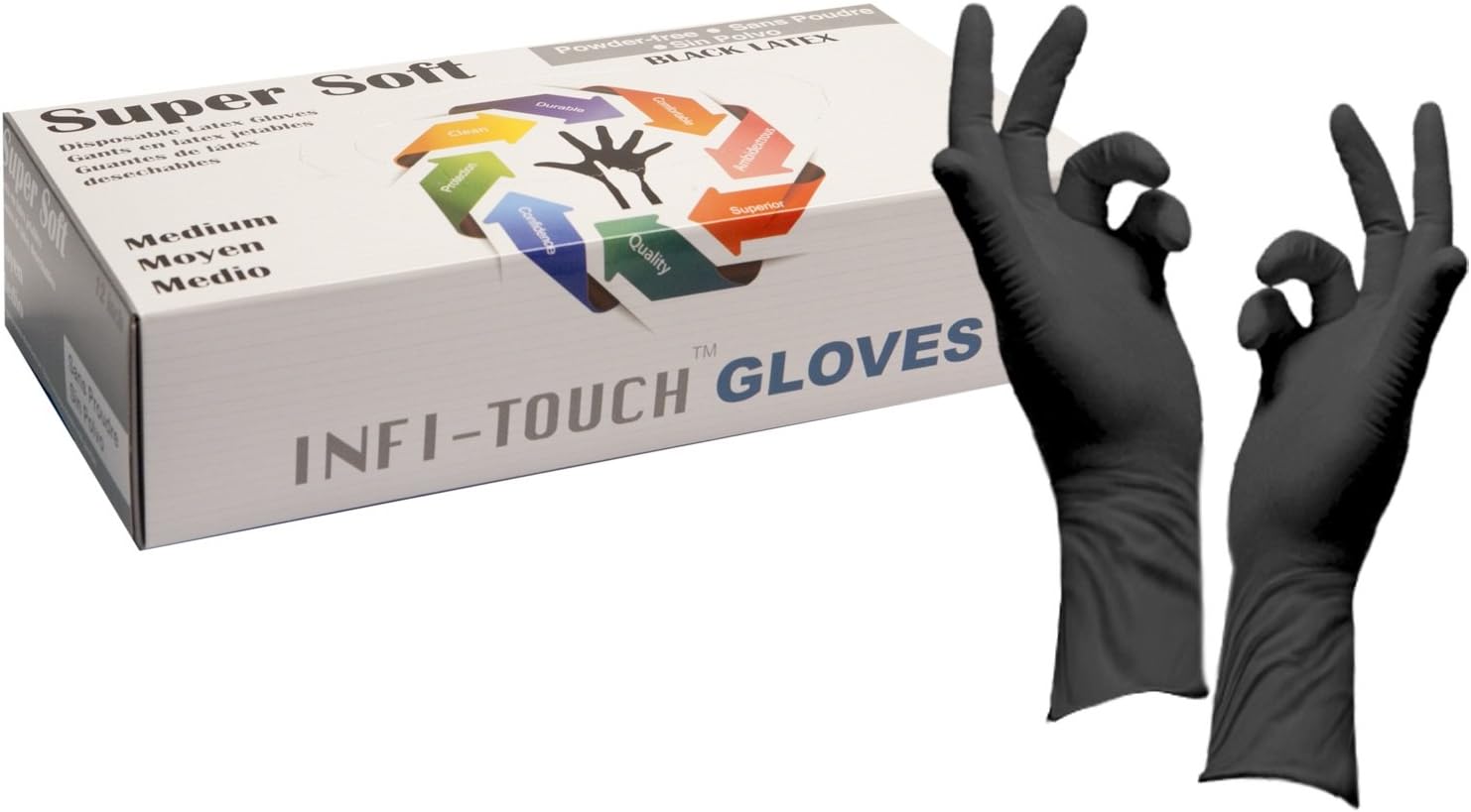 guantes negros descartables de látex, 12 pulgadas de longitud, grosor de 2164, sin polvo, 50 unidades