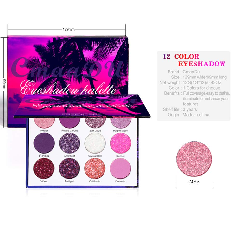 BINGBRUSH Paleta de maquillaje de sombra de ojos barata de 12 colores con brillantina, púrpura y rosa, brillante, brillante, brillante, metálico,