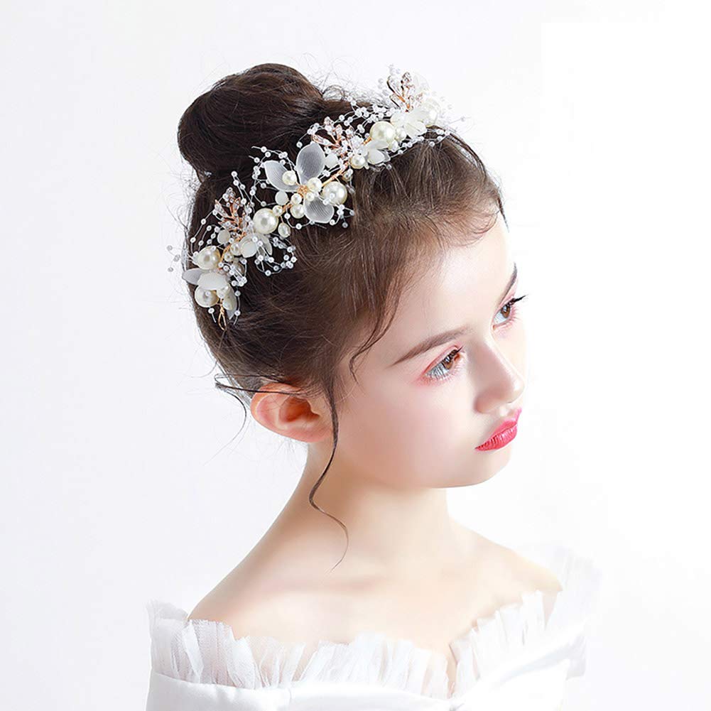 PRDGIRL Diadema de boda para niñas de flores, cuentas de cristal de perlas de diamantes de imitación, accesorios para el cabello de vid dorada para