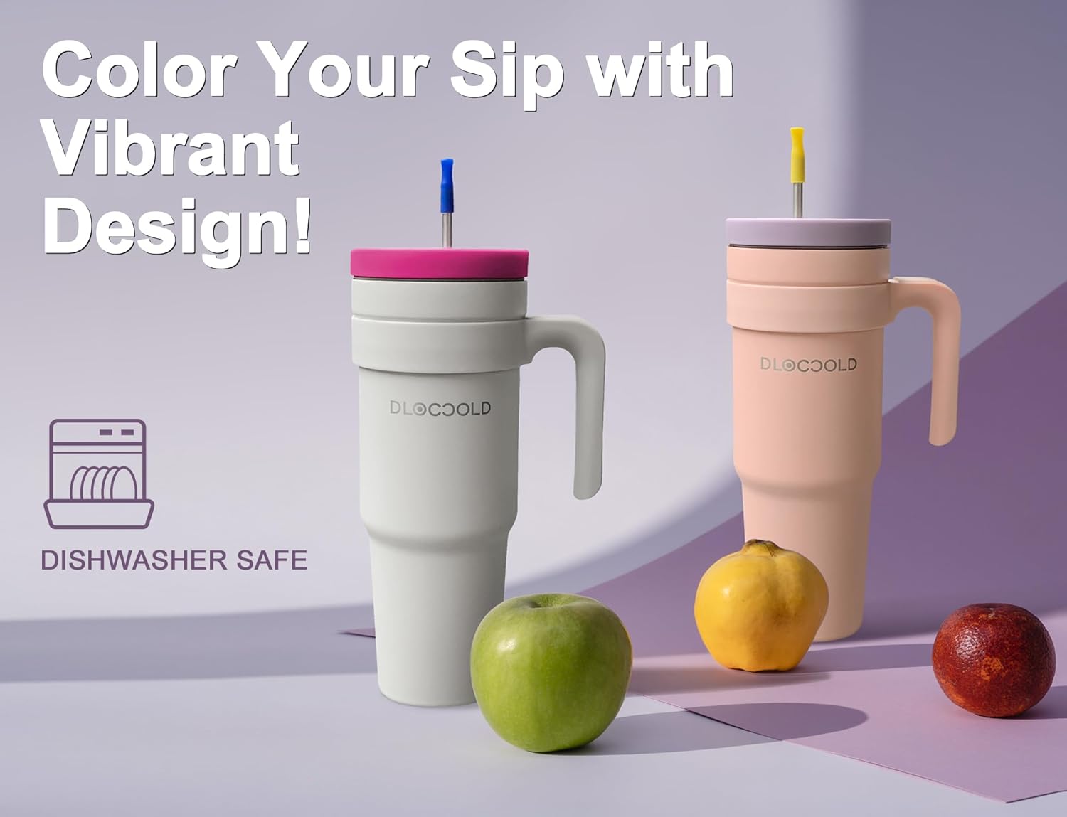 DLOCCOLD Vaso de 40 onzas con asa y tapa con popote, taza aislada al vacío, reutilizable, de acero inoxidable, taza de viaje para bebidas calientes
