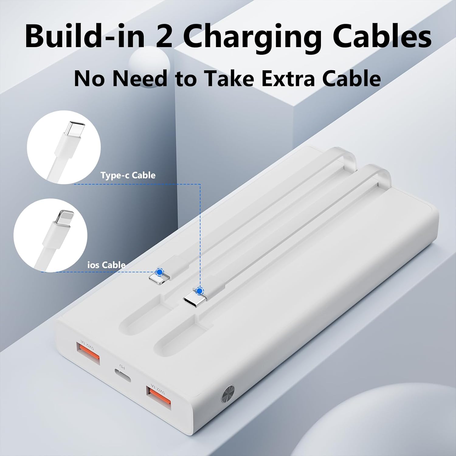 Cargador portátil con 2 cables integrados (USB-C e iOS), cargador de teléfono duradero de carga rápida PD de 13000 mAh con pantalla LED, cargador de