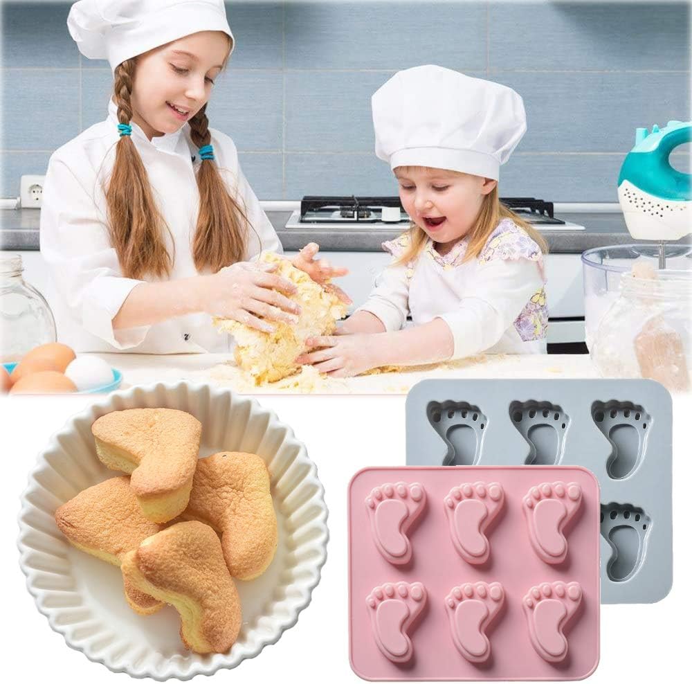Paquete de 2 moldes de silicona con forma de pie de bebé, 6 cavidades 3D de huellas, moldes de silicona para fondant para pasteles para fiesta de