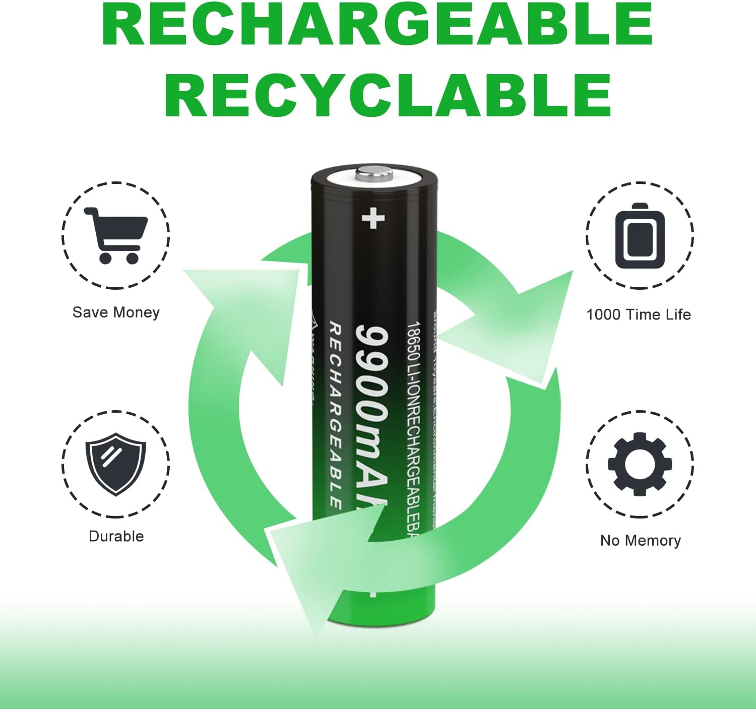 Batería recargable 18650 de 3,7 voltios 9900mAh 18650 batería con botón superior de iones de litio para linterna, faro, paquete de 2