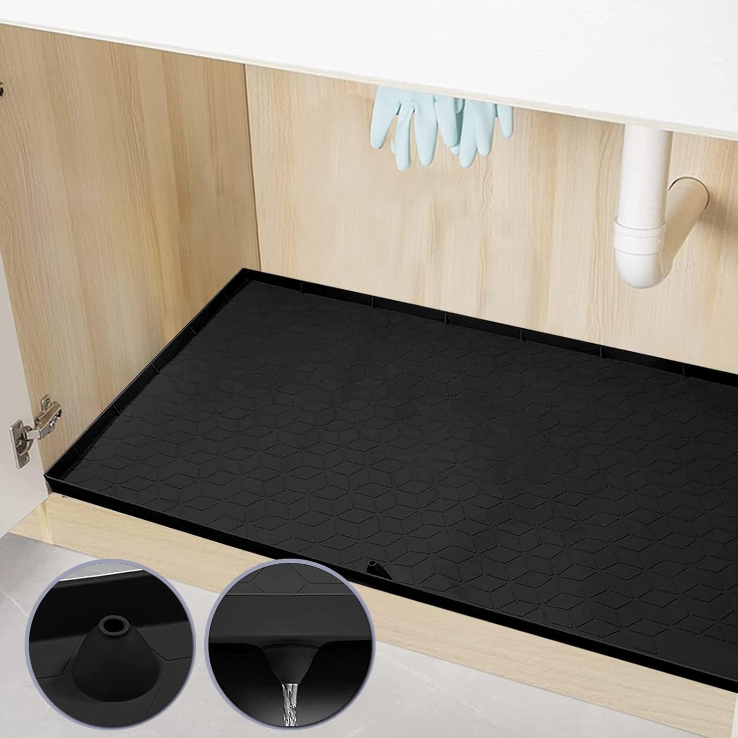 Tapete para debajo del fregadero, 34 x 22 pulgadas, forro flexible de silicona para debajo del fregadero, bandeja de goteo impermeable con orificio