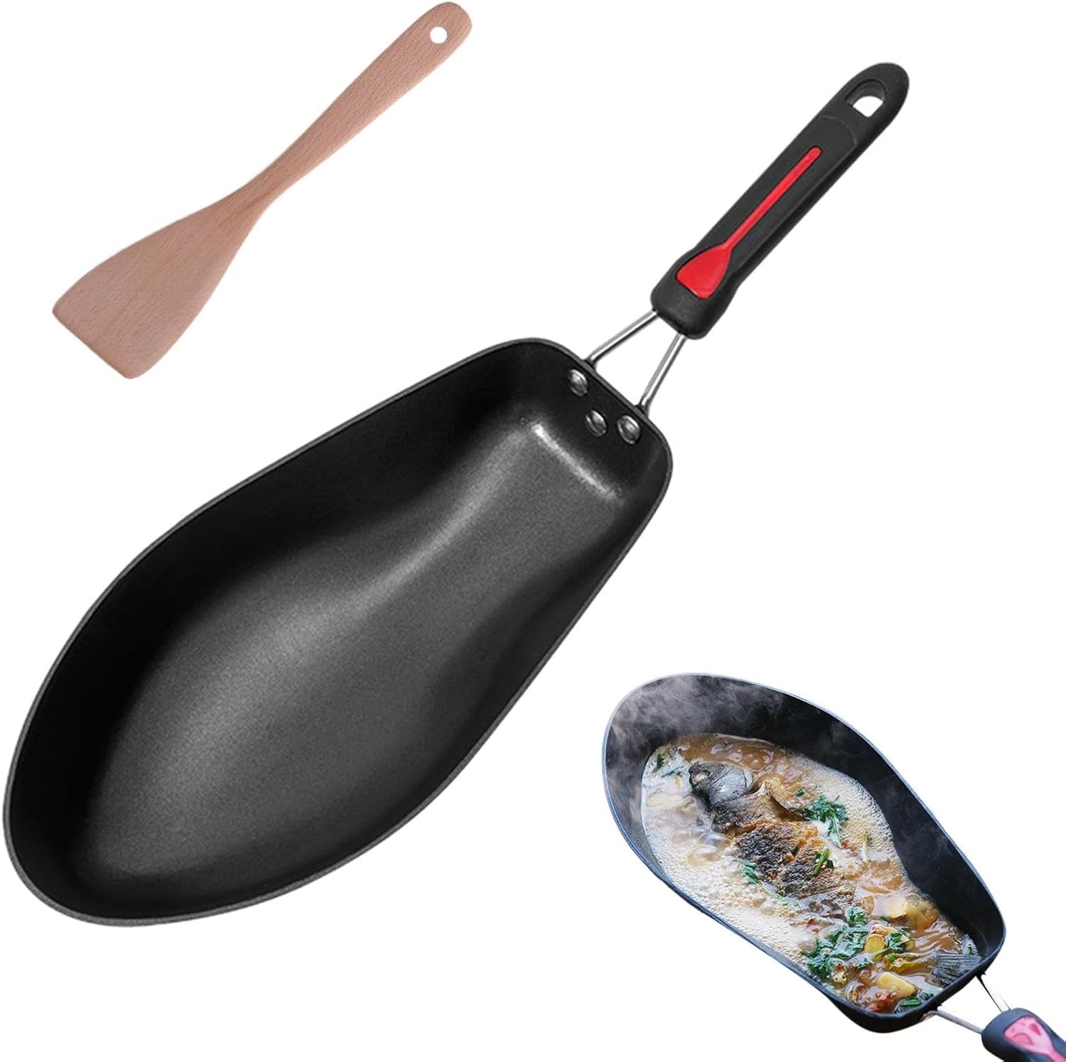 EEASSA Sartén antiadherente ovalada con forma de pescado, aleación de aluminio, 3.4 in de profundidad, ideal para asar a la parrilla, freír y servir