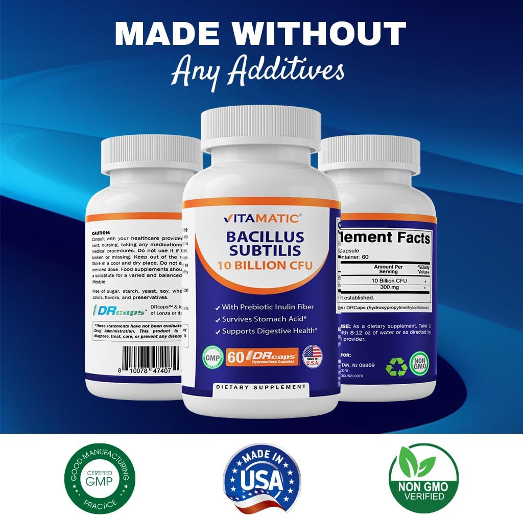 Vitamatic Bacillus Subtilis 10 mil millones por cápsula DR  60 unidades  Apoyo digestivo, intestinal e inmunitario  Fabricado con fibra de inulina
