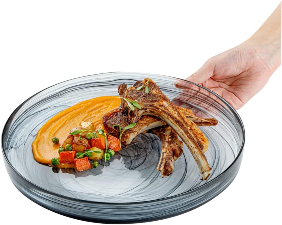Restaurantware Vetri – Platos de vidrio de 11 x 11 x 1.2 pulgadas, 6 platos únicos y duraderos  Vajilla de alabastro de vidrio negro lavable con